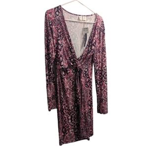 🆕 Artisan NY Black & Pink Floral Wrap Front Tie Long Sleeve Midi Dress M